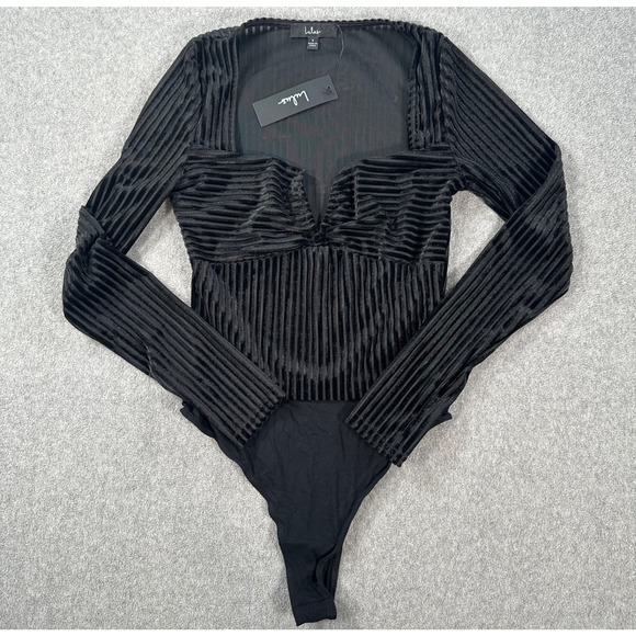 Lulu's Black Velvet Striped Long Sleeve Bodysuit Women's Small Sheer New - Picture 1 of 8
